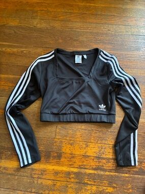adidas Black Cropped Long Sleeve Top with White Stripes